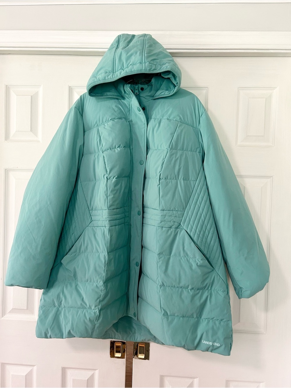 New lands end puffer coat woman size 3x hooded/quilted/lite green color